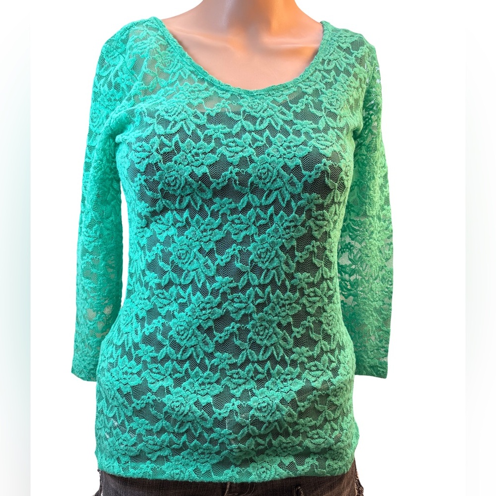 Decree Green Long Sleeve Sheer Lace Top Medium